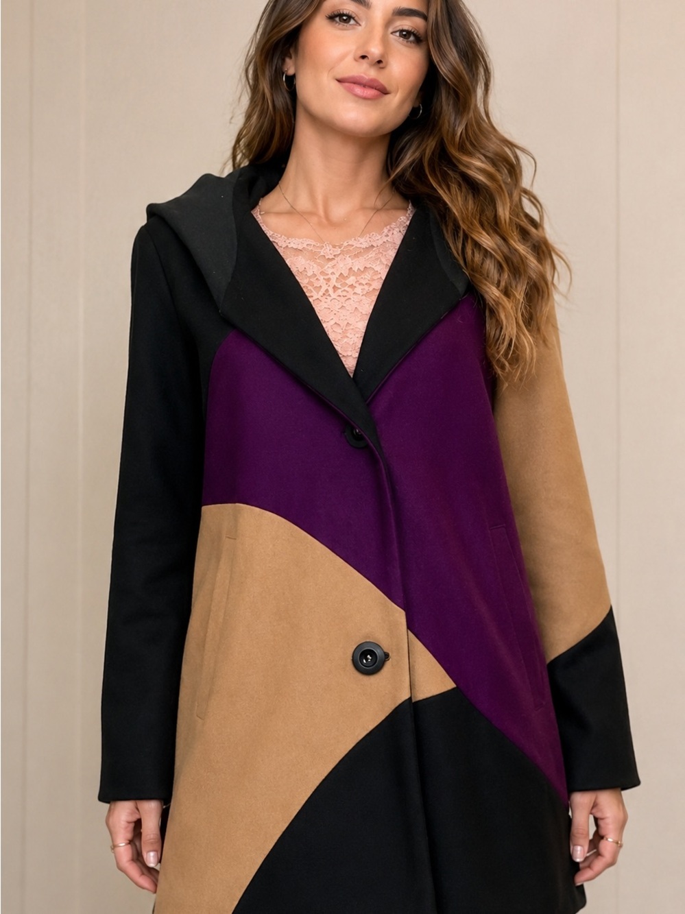 Elegant Multicolor Women's Hooded Swing Coat Wool Blend